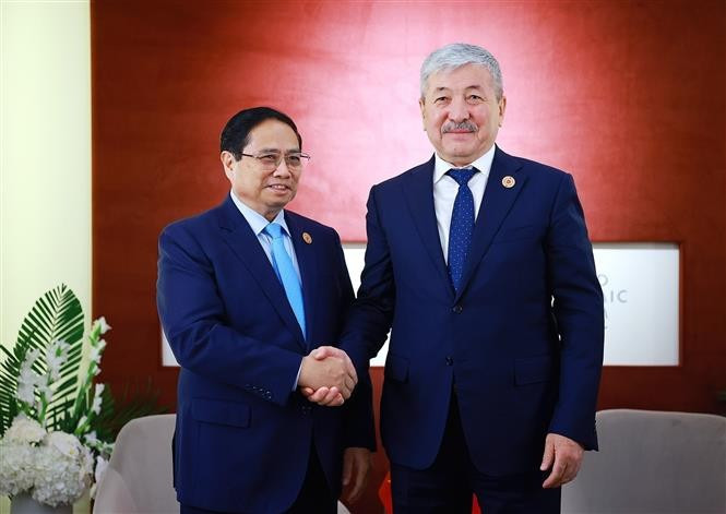 Prime Minister Pham Minh Chinh (L) meets with his counterpart from Kyrgyzstan Adylbek Kasimalyev on June 25 on the sidelines of the 16th Annual Meeting of the New Champions of the World Economic Forum (WEF) in Tianjin city, China (Photo: VNA)
