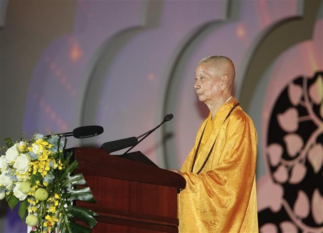 Most Venerable Thich Tri Quang, the Supreme Patriarch of the Patronage Council of the Vietnam Buddhist Sangha (VBS), speaks at the opening ceremony of the United Nations Day of Vesak Celebrations 2025 on May 6. (Photo: VNA)