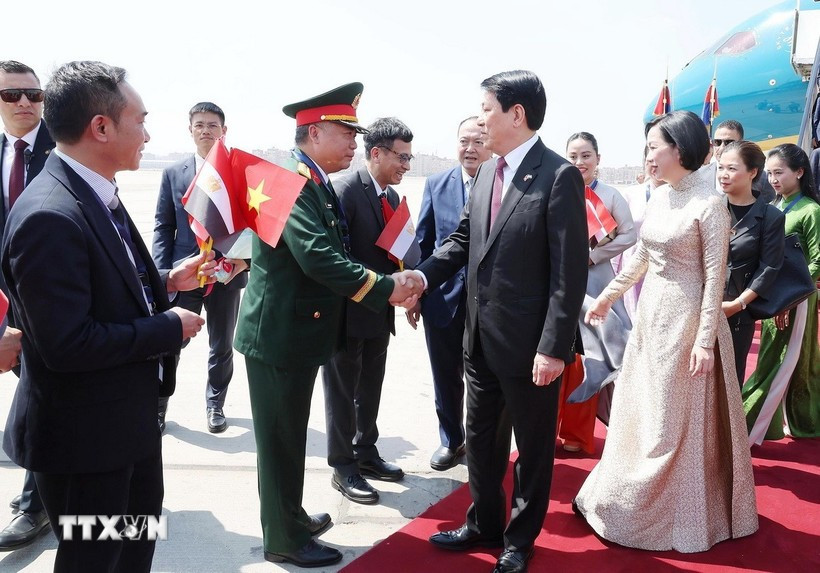 Delegates welcome State President Luong Cuong and his spouse at Cairo international airport. (Photo: VNA)