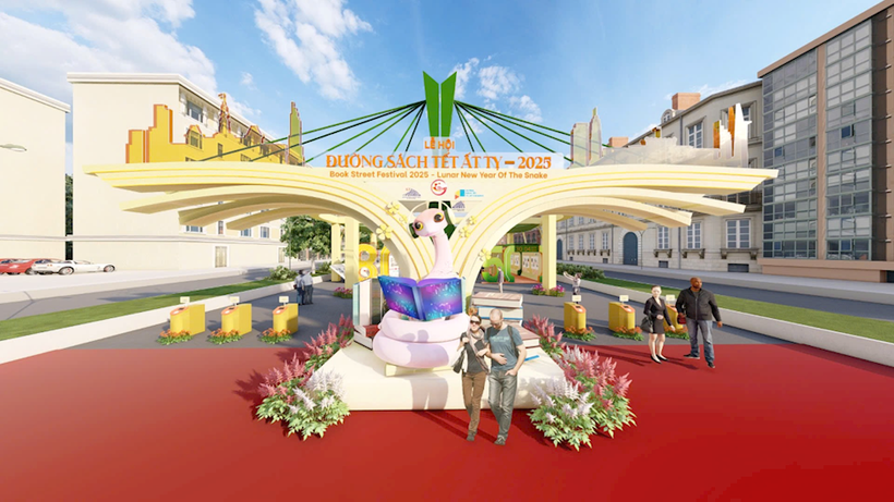 A perspective of the welcome gate of the 2025 New Year Book Street Festival. (Photo: hcmcpv.org.vn)