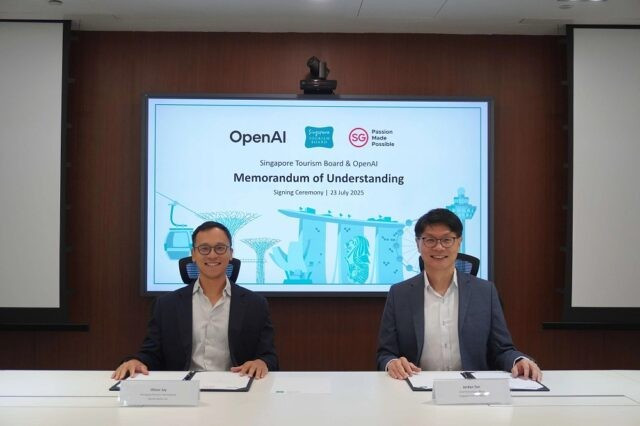 Oliver Jay, Managing Director of International, OpenAI (left) and Jordan Tan, Chief Technology Officer, Singapore Tourism Board at the MOU signing. (Photo: traveltradejournal.com)