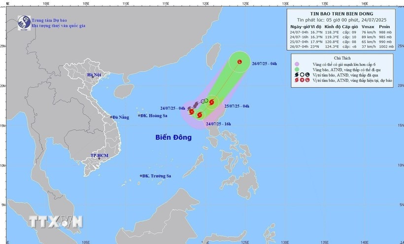 Storm Comay's movement on early July 24 (Photo: National Centre for Hydro-Meteorological Forecasting)