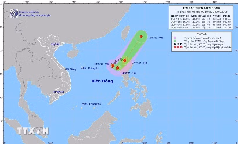 Storm Comay's movement on early July 24 (Photo: National Centre for Hydro-Meteorological Forecasting)