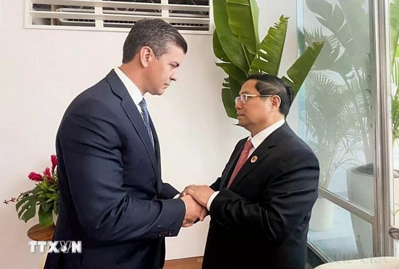 Prime Minister Pham Minh Chinh (right) meets with Paraguayan President Santiago Pena on the sidelines of G20 Summit in Rio de Janeiro, Brazil in November 2024. (Photo: VNA)