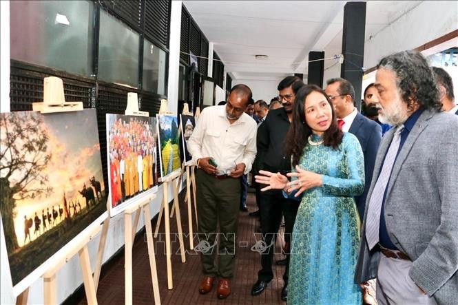 Vietnamese Ambassador to Sri Lanka Trinh Thi Tam and delegates visit a photo exhibition featuring President Ho Chi Minh’s life and career. (Photo: VNA)