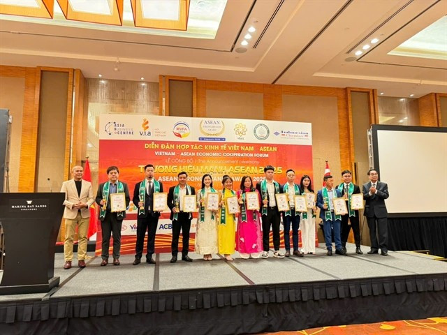 Pham Thi Bich Hanh, (seventh from right, pink dress) receives the ASEAN Strong Brands Award with other winners. (Photos courtesy of Quan An Ngon Restaurant)