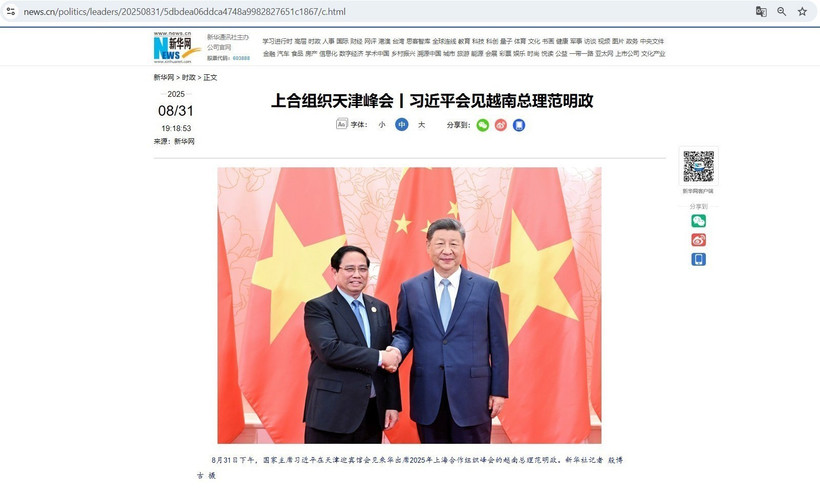 A Xinhua News Agency article reports on the meeting between Chinese President Xi Jinping and Vietnamese Prime Minister Pham Minh Chinh on August 31. (Photo: VNA)