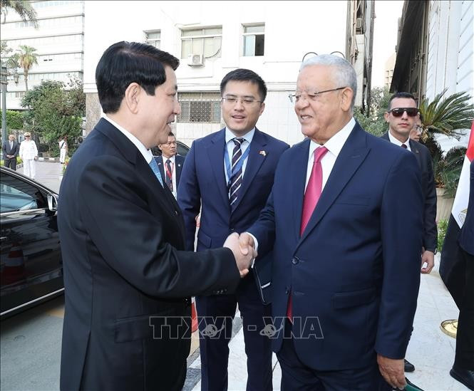 Speaker of the Egyptian House of Representatives Hanafy El Gebaly (R) welcomes State President Luong Cuong in Cairo on August 6. (Photo: VNA)