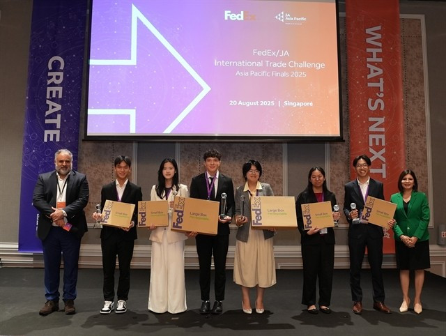 Three winning teams at the 2025 FedEx/JA International Trade Challenge Asia Pacific finals. (Photo courtesy of the organisers)