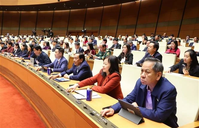 NA deputies vote to adopt the Law on Promulgation of Legal Documents (revised) (Photo: VNA)