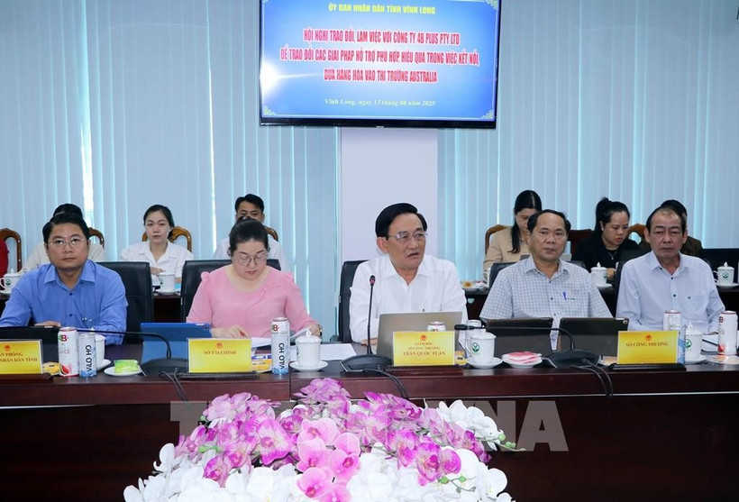 Tran Quoc Tuan, Director of the Department of Industry and Trade of Vinh Long province (C) speaks at the working session. (Photo: VNA)