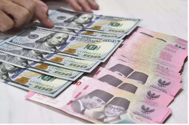 A bank staffer arranges US dollar and Indonesian rupiah bank notes at a Bank Syariah Indonesia branch in Bekasi city, Indonesia. (Photo: Antara) 