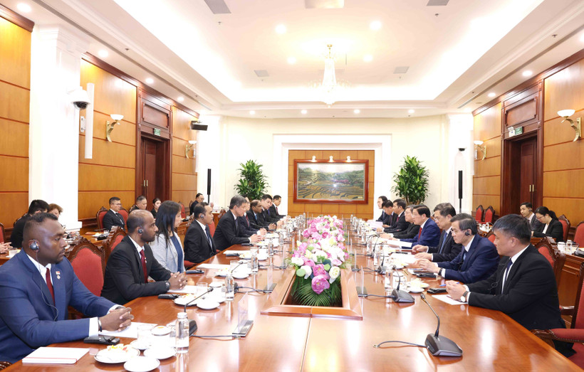 At the talks between Politburo member, Secretary of the Central Committee of the Communist Party of Vietnam (CPV) and Chairman of its Commission for Internal Affairs Phan Dinh Trac and Chan Chun Sing, Assistant Secretary-General of the People’s Action Party (PAP) of Singapore in Hanoi on July 21. (Photo: VNA)