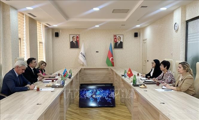 VNA General Director Vu Viet Trang (centre, right) and Chairman of the Board of the Azerbaijan State News Agency (AZERTAC) Vugar Alyev (centre, left) hold talks on May 8. (Photo: VNA)