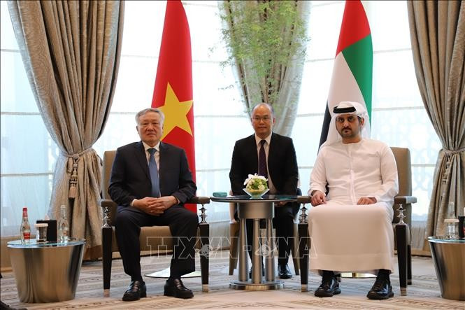 Permanent Deputy Prime Minister Nguyen Hoa Binh (L) meets with Deputy Prime Minister and Minister of Finance of the United Arab Emirates (UAE) Maktoum bin Mohammed bin Rashid Al Maktoum (R). (Photo: VNA)