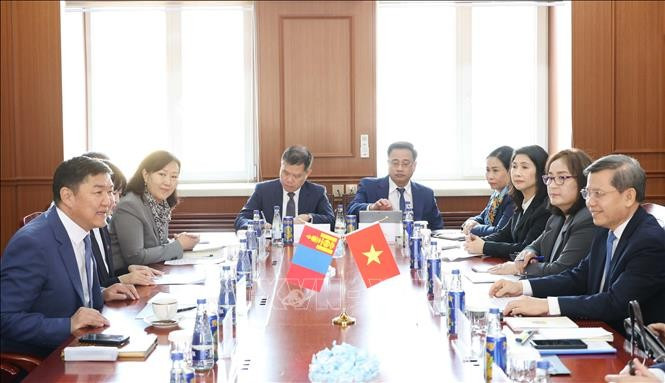 The talks between the Supreme People’s Court of Vietnam delegation and the Mongolian Chief Justice Ganzorig Damdin (Photo: VNA)