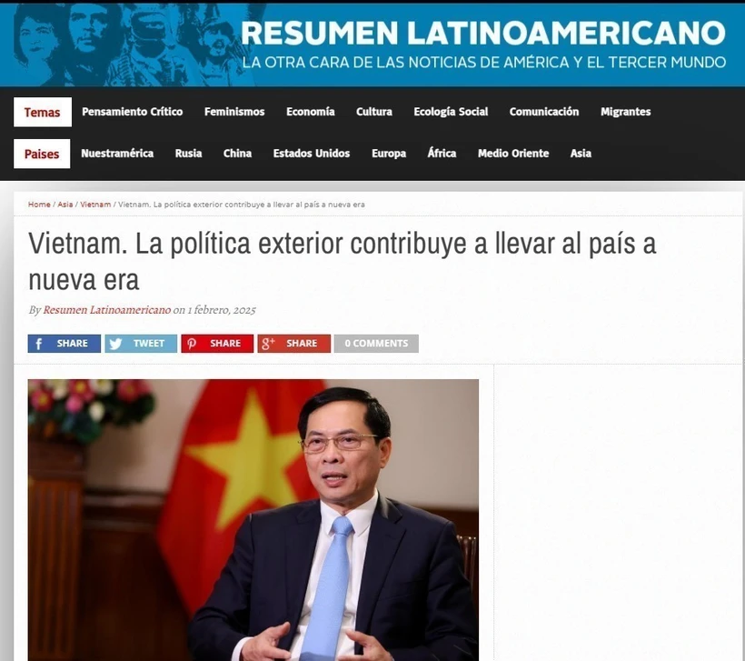 The article highlighting Vietnam's foreign policy is published on Argentina's Resumen Latinoamericano newspaper on February 1. (Photo: VNA)