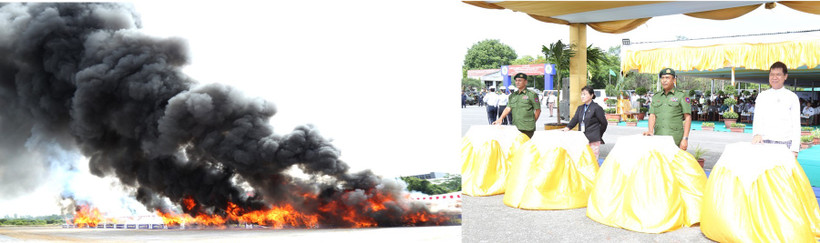 The seized illegal drugs and materials burnt in Yangon, Mandalay, and Taunggyi (Photo: Myanmar News Agency)