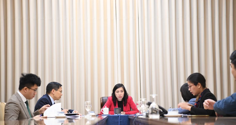 Deputy Foreign Minister Le Thi Thu Hang (centre) during phone talks with her Kyrgyz counterpart Abakirov Meder on February 17. (Photo: VNA)