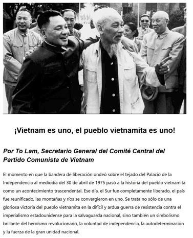 The website of La Primerisima radio station publishes the full text of the article “Vietnam is One, the Vietnamese People are One” by General Secretary of the Communist Party of Vietnam (CPV) Central Committee To Lam (Screenshot photo) 