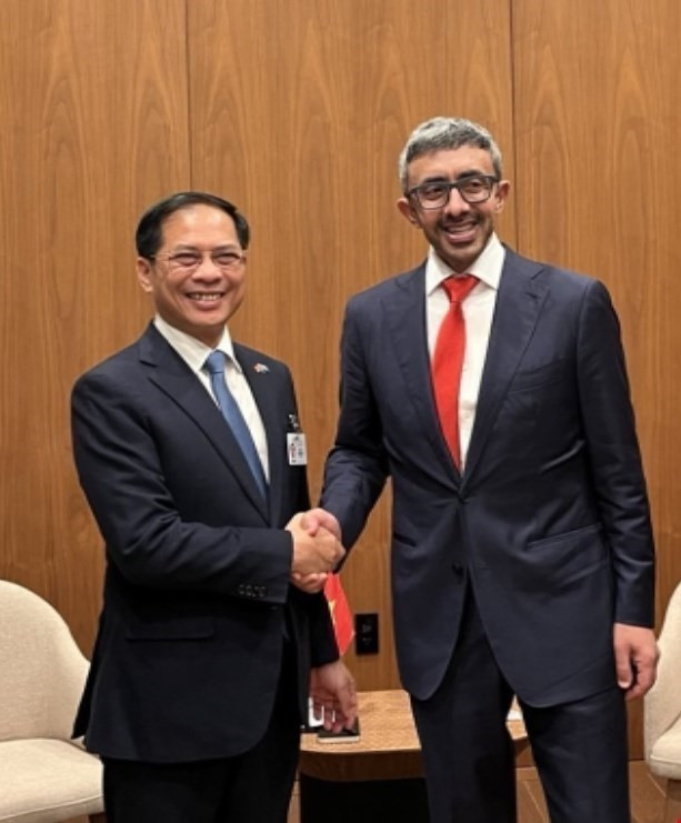 Deputy Prime Minister Bui Thanh Son (L) meets with Deputy Prime Minister and Foreign Minister of the United Arab Emirates (UAE) Sheikh Abdullah bin Zayed Al Nahyan on September 23, 2025. (Photo: VNA)