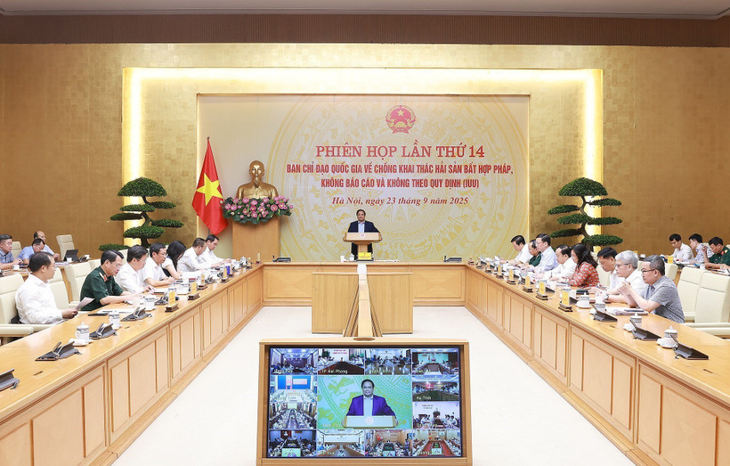 Prime Minister Pham Minh Chinh speaks at the 14th meeting of the National Steering Committee for IUU Fishing Prevention and Control in Hanoi on September 23, 2025. (Photo: VNA)