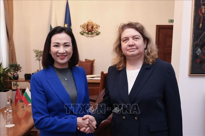 Vietnamese Ambassador Nguyen Thi Minh Nguyet (L) and Bulgarian National Assembly Chair Nataliya Kiselova at their recent meeting (Photo: VNA)