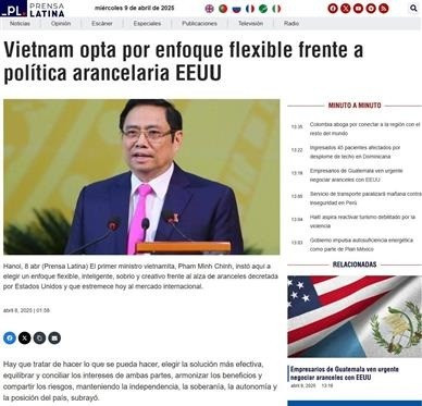 A screenshot of the Prensa Latina article on the Southeast Asian nation’s flexible approach to US tariffs.