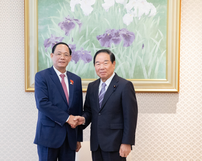 NA Vice Chairman Tran Quang Phuong (L) and Speaker of the House of Representatives of Japan Nukaga Fukushiro (Photo: VNA)