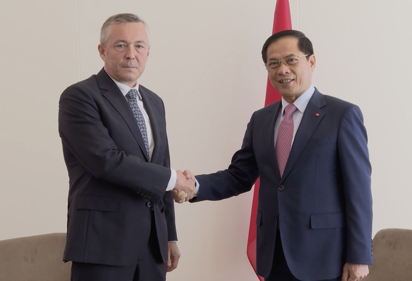 Deputy Prime Minister and Minister of Foreign Affairs Bui Thanh Son (R) shakes hands with Ambassador Heraldo Munoz, Special Envoy of the Chilean President for Ocean affairs, and former Minister of Foreign Affairs of Chile. (Photo: VNA)