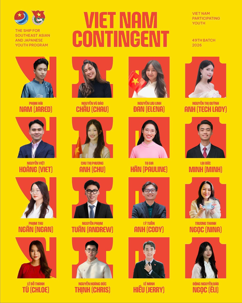 The 16 Vietnamese delegates to board the 49th Ship for Southeast Asian and Japanese Youth Programme (SSEAYP). (Photo: The organising board)