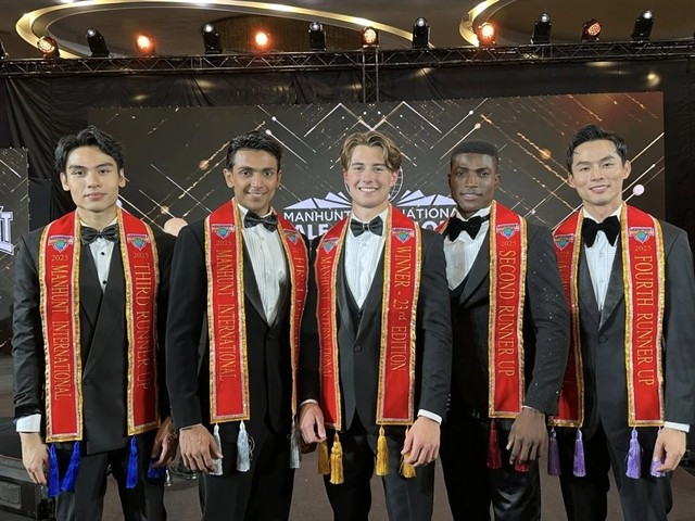 The top five at the Manhunt International 2025 competition. A French contestant (centre) won the pageant, while Vietnamese representative Nguyen Vu Linh (right) was the fourth runner-up. (Photo: Courtesy of Manhunt International 2025)