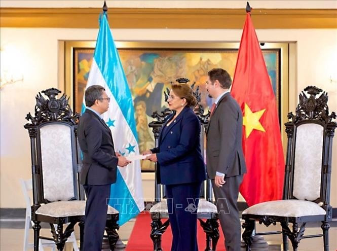 Vietnamese Ambassador to Mexico and Honduras Nguyen Van Hai (left) presents the letter of credence to Honduran President Xiomara Castro at a ceremony on June 13 (local time). (Photo: VNA)