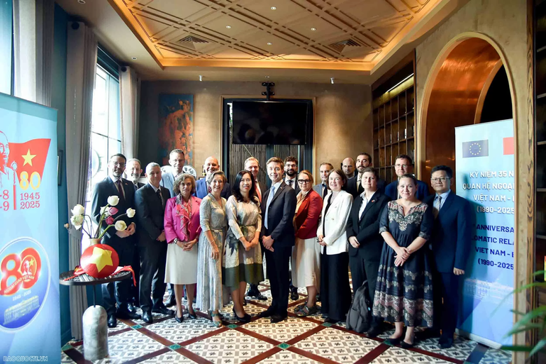 Deputy Foreign Minister Le Thi Thu Hang hosts a tea gathering on August 28 for ambassadors and chargés d’affaires from the UK, Switzerland, Norway, and EU member states in Hanoi. (Photo: VNA)