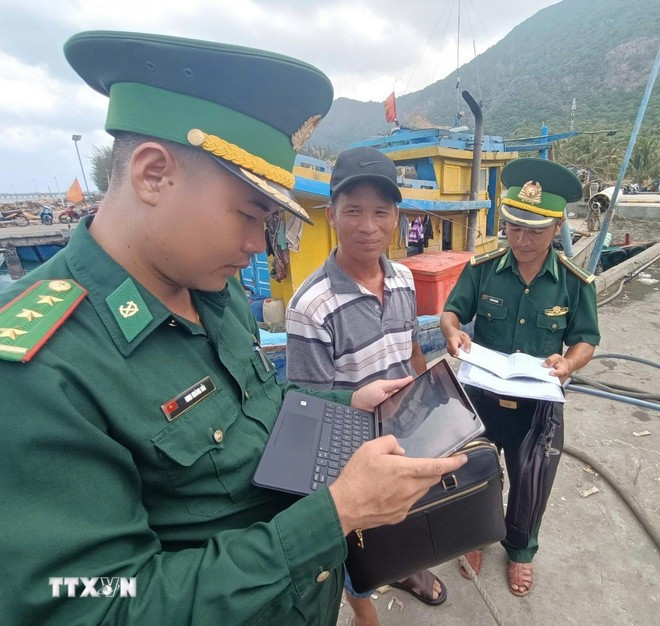 An officer of Con Dao Border Guard Station checks documents and status of fishing vessels on the national database at Ben Dam port, Con Dao special zone. (Photo: VNA)