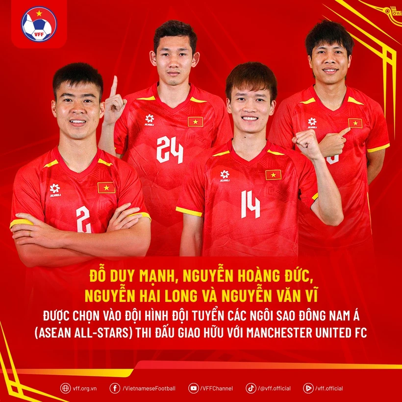 Do Duy Manh, Nguyen Hai Long, Nguyen Hoang Duc, and Nguyen Van Vi will join the ASEAN All-Stars Team in a friendly against Manchester United in Malaysia on May 28. (Photo: VFF)