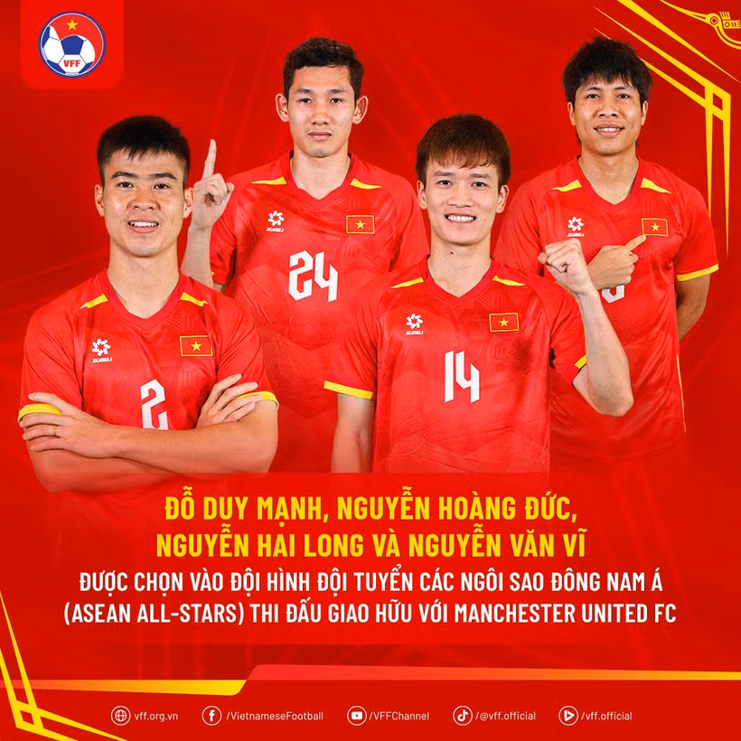 Do Duy Manh, Nguyen Hai Long, Nguyen Hoang Duc, and Nguyen Van Vi will join the ASEAN All-Stars Team in a friendly against Manchester United in Malaysia on May 28. (Photo: VFF)