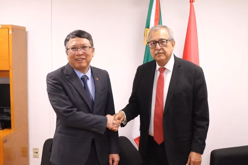 Chairman of the Foreign Affairs Committee of the Chamber of Deputies of Mexico Pedro Vázquez González (R) receives Vietnamese Ambassador to Mexico Nguyen Van Hai. (Photo: VNA)
