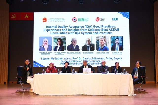 A panel discussion as part of the workshop on “Implementing Internal Quality Assurance Systems - For a Sustainable Future of ASEAN Higher Education” held in HCM City on August 18. (Photo courtesy of UEH)