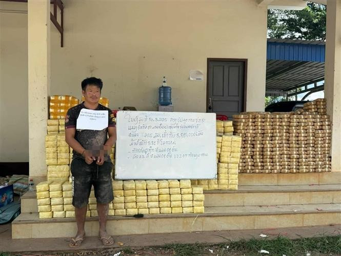 Lao authorities detain a suspect and seize 4,405 packages containing a total of 8.81 million methamphetamine tablets, weighing about 881 kilogrammes. (Photo published by VNA)