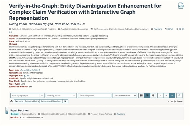 Viettel AI's Verify-in-the-Graph at the prestigious NAACL 2025 conference held in the US. ( Image courtesy of Viettel)