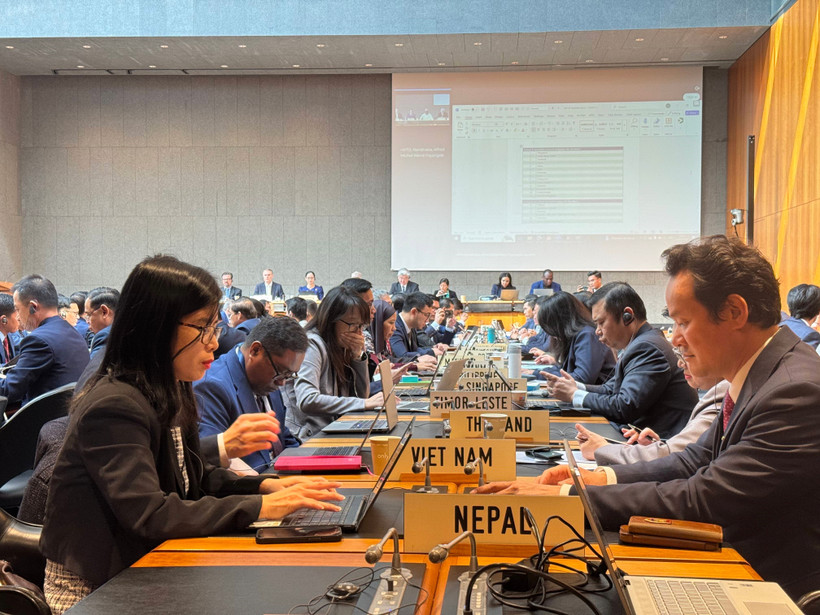 Delegates at the third Trade Policy Review (TPR) session of Cambodia at the World Trade Organisation (WTO) headquarters in Geneva, Switzerland, on March 26. (Photo: VNA)