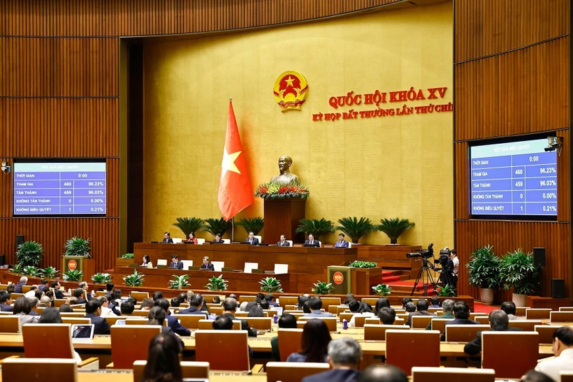 Deputies vote to pass a resolution on several special mechanisms and policies for the Ninh Thuan nuclear power project (Photo: VNA)