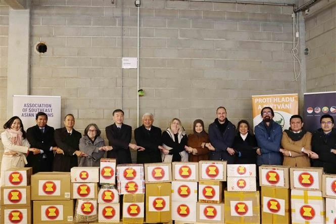 The Ambassadors of ASEAN countries and representatives of the Czech Federation of Food Bank demonstrate solidarity through donations. (Photo: VNA)