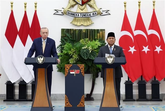 Indonesian President Prabowo Subianto (right) and his Turkish counterpart Recep Tayyip Erdogan at a joint press conference in Bogor on February 12. (Photo: AA/VNA)