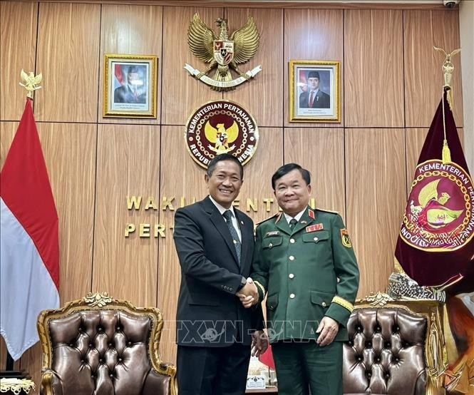 Vietnamese Deputy Minister of National Defence Sen. Lt. Gen. Hoang Xuan Chien (right) and Indonesian Defence Minister Sjafrie Sjamsoeddin at their meeting in Jakarta on September 18. (Photo: VNA)