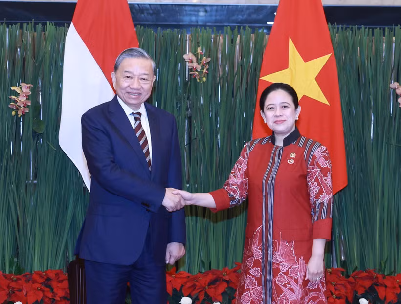 Party General Secretary To Lam (L) meets with Speaker of the People's Representative Council of Indonesia Puan Maharani in Jakarta on March 11. (Photo: VNA