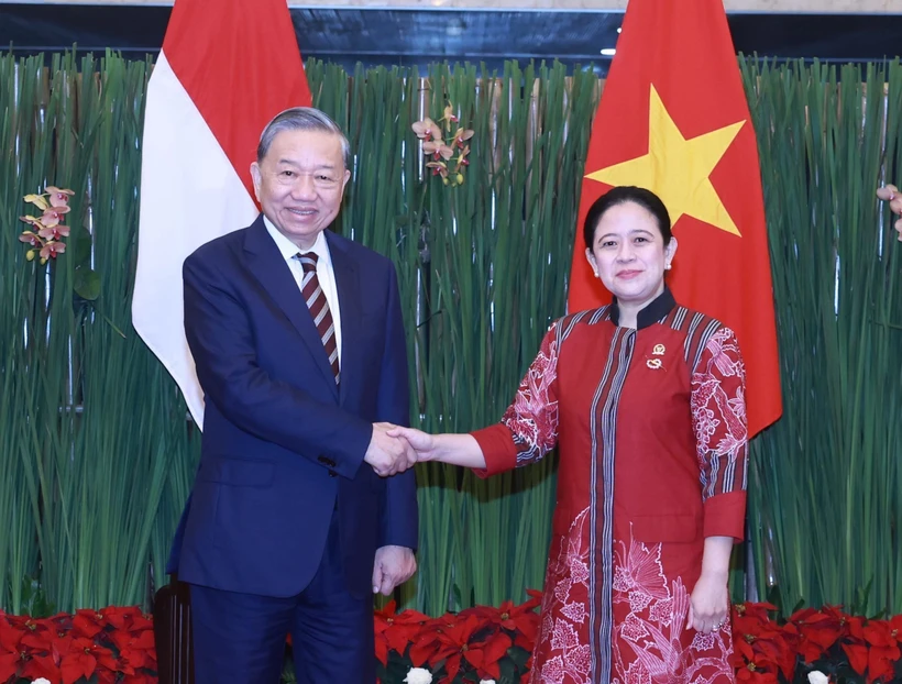 Party General Secretary To Lam (L) meets with Speaker of the People's Representative Council of Indonesia Puan Maharani in Jakarta on March 11. (Photo: VNA