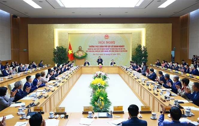 Prime Minister Pham Minh Chinh (C) speaks at the meeting between permanent Government members with leaders of businesses on February 10. (Photo: VNA)