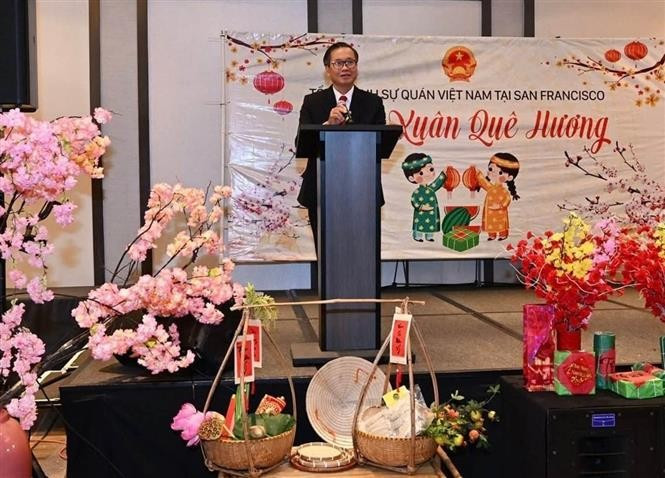 Consul General of Vietnam in San Francisco Hoang Anh Tuan speaks at a meeting with overseas Vietnamese on the occasion of the Lunar New Year. (Photo: VNA)